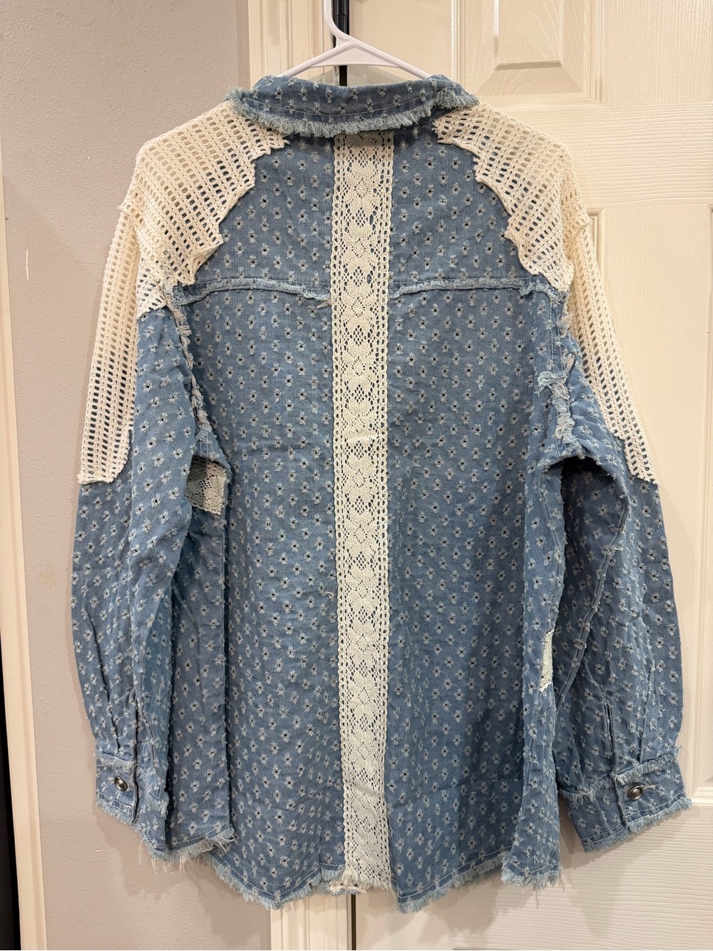POL Blue and White Patchwork Denim Shirt Jacket sz M- NWOT - Picture 6 of 8